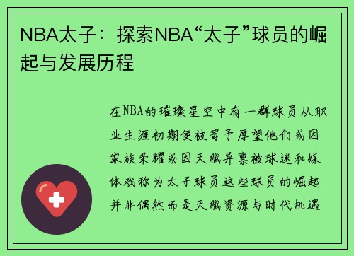 NBA太子：探索NBA“太子”球员的崛起与发展历程